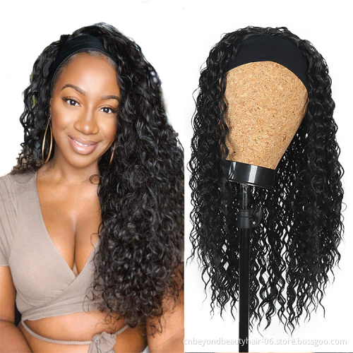 Kinky Culry wave Natural Black Headband wigs hair entension Elastic Synthetic Hair Wigs With Scarf For Black Women